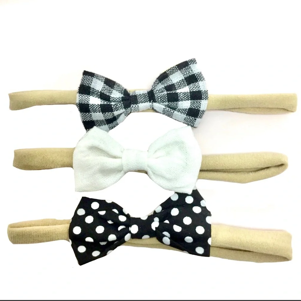 Girl's Stretchy Bow Headbands Variety Three Pack Set-White, Polka Dot & Plaid